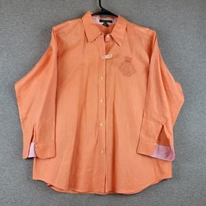 Ralph Lauren 3/4 Sleeve Shirt Womens XL Orange Linen Button Up Embroidered Logo